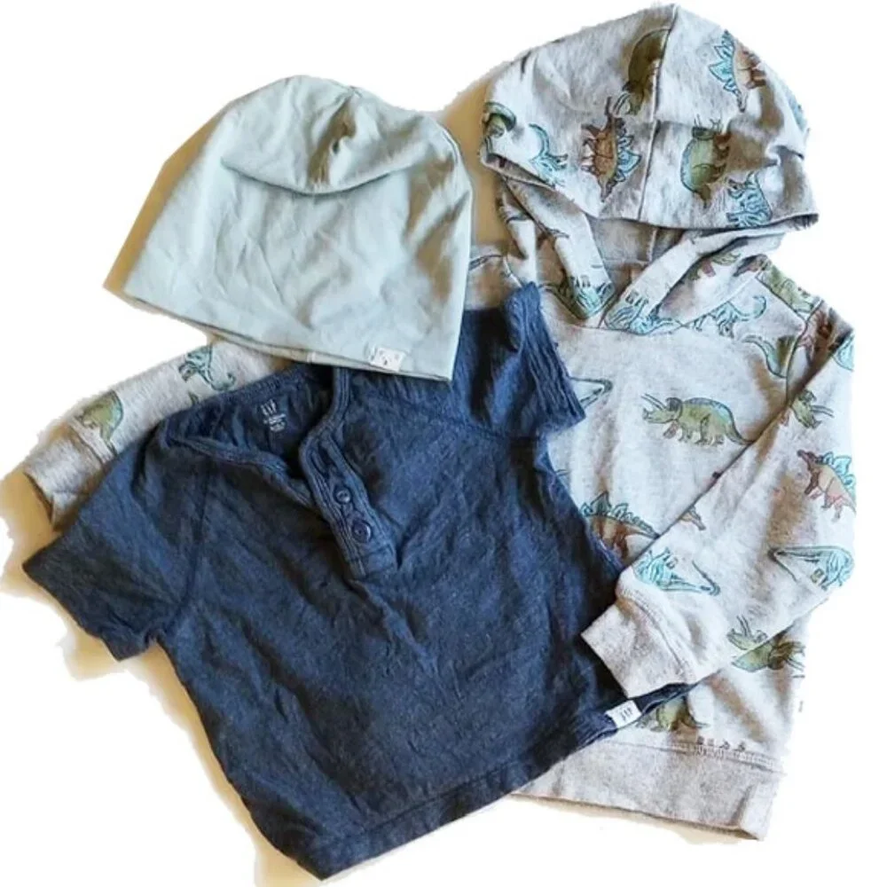 3 Pcs Carter's Dinosaur Hoodie Gap T-shirt H&M Skull Cap 2T